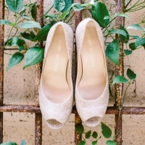 Stuart Weitzman Annamimic Gold Peep Toe Pumps
